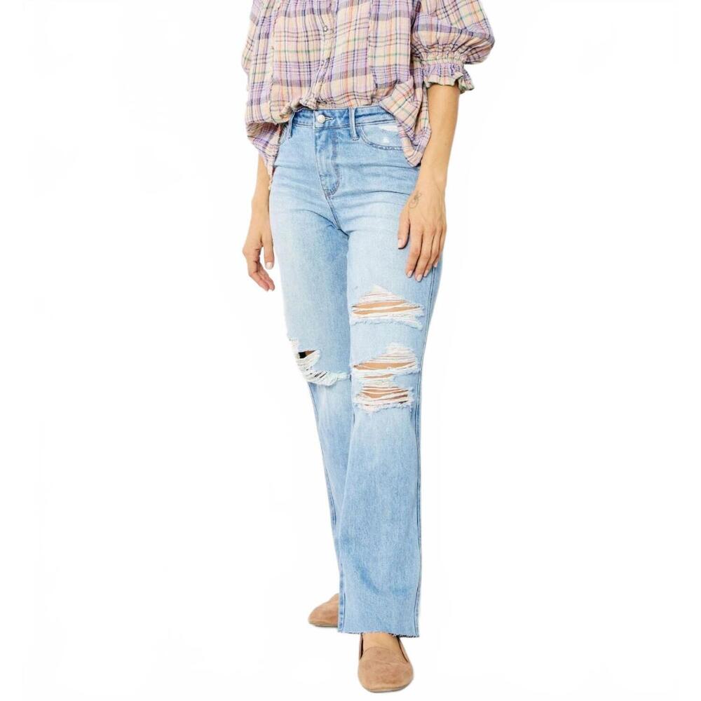NEW JUDY BLUE high waisted rigid magic 90's destroy straight jeans in medium blu
